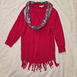 NWOT notations Y2k‎ Red Fringed Hem Sweater With Attached Scarf Sz S